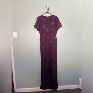 Forest Lily Plum Floral Design Flutter Sleeve Wide Leg Jumpsuit Size 4